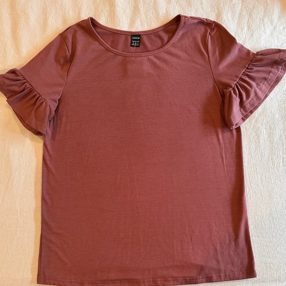 SHEIN Pink and Purple Flutter Sleeve Ruffled Tee